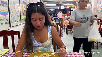 Katty, A Teen Exhibitionist, Shows Off Her Panty-Less Pussy In Public While Eating At An Asian Restaurant