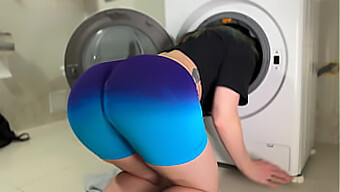 Brunette Stepsister Struggles In Leggings By The Laundry Machine