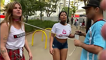 Soraya Castro And Samantha Munhoz In Bdsm Walk With Girls On Leashes